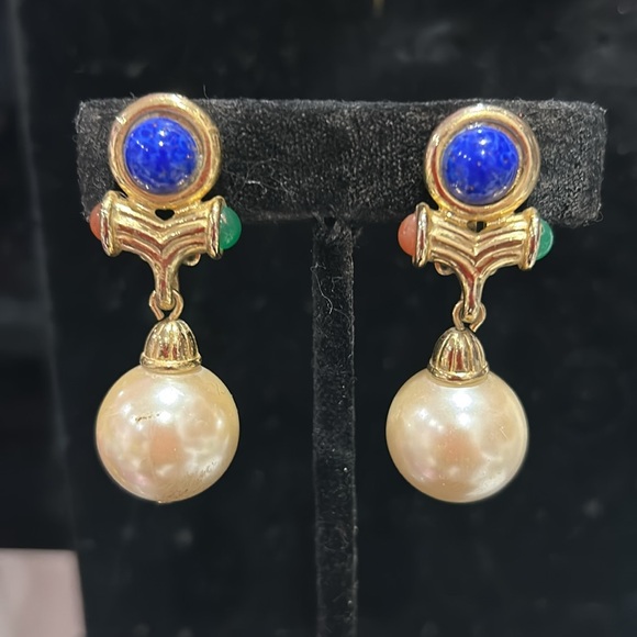 Vintage 80s Cabochons and Round Pearl Drop Earrings-Boutique - Picture 7 of 7